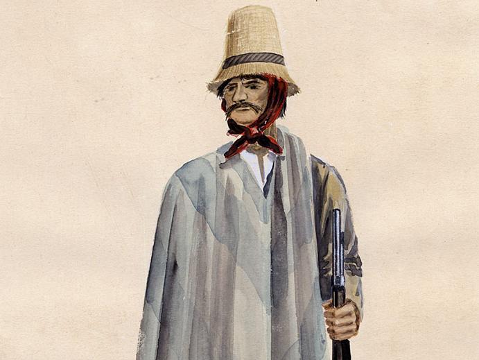 Francisco Leiva Mella. Guerrillero, 1818. Yerbas Buenas, 1976. Acuarela, papel. N° de inventario D35-61.