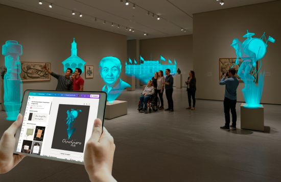 Persona en un museo usando una tablet para visualizar contenido visual